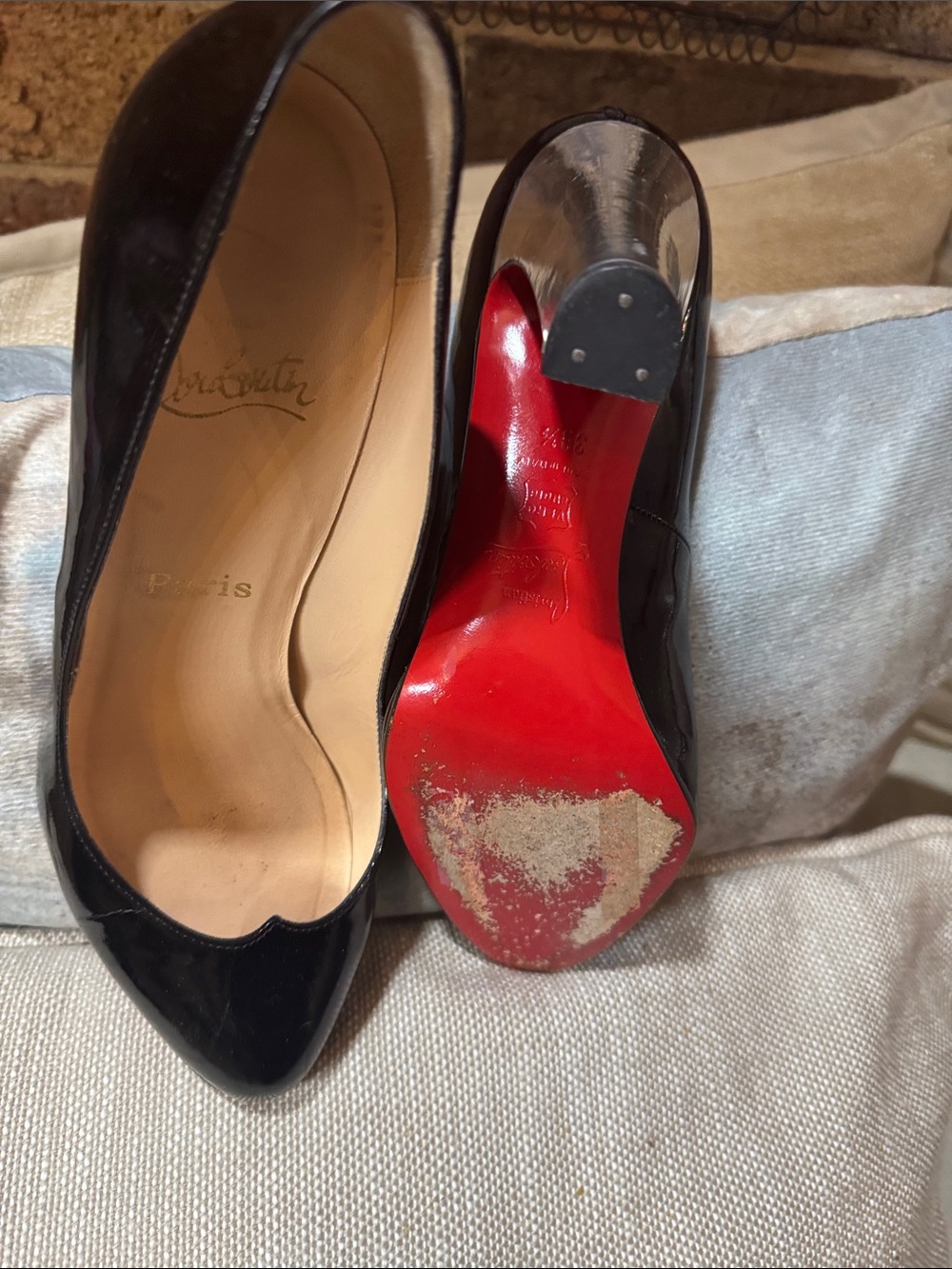 Christian Louboutin Black Patent Leather Pointed-Toe Pumps with Red Sole